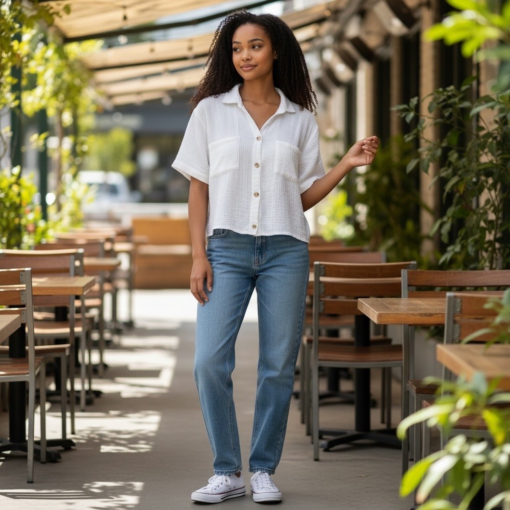 Love Notes Gauze Button Down Shirt Women L White Cotton Cropped Summer Boxy Boho
